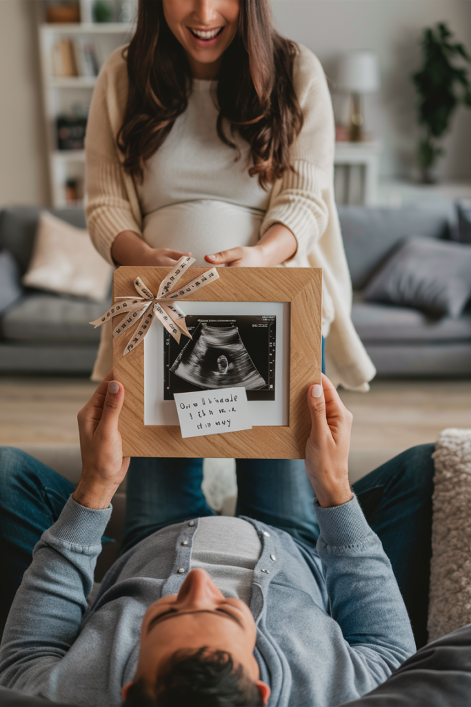 Pregnant woman holding an ultrasound photo in a wooden frame to a man lying on a couch. The frame has a bow and a note saying, "Our little miracle is on its way.