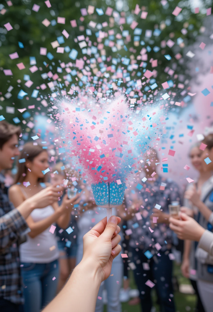 Colorful confetti poppers burst in the air, scattering vibrant paper bits across the park, adding a festive touch to the gender reveal party