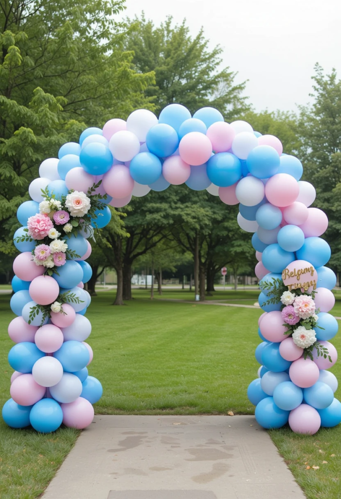 A colorful balloon arch stands in a park, with blue and pink balloons arranged in an alternating pattern, creating a festive and vibrant atmosphere for a gender reveal party