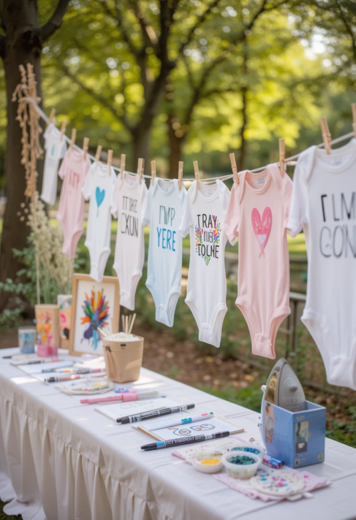 A colorful DIY onesie decorating station set up in a park for a gender reveal party, surrounded by trees and picnic tables