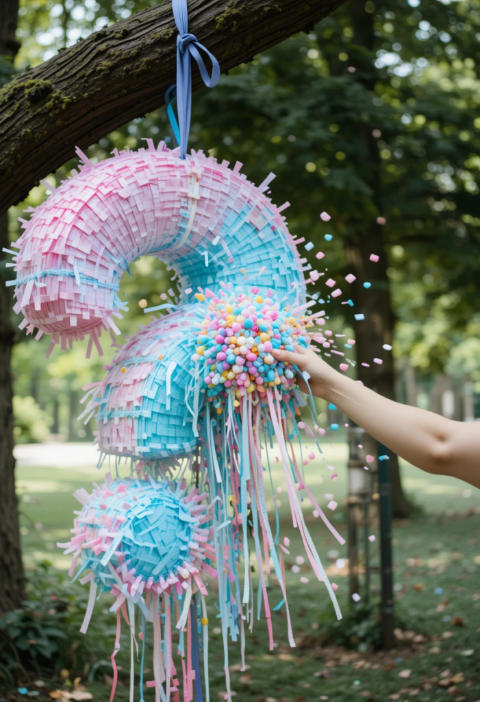 A colorful piñata hanging from a tree in a park, surrounded by excited party decorations and guests