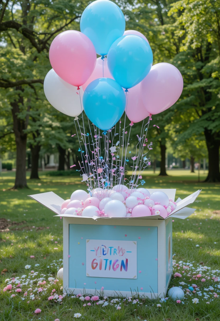 A colorful mystery box surrounded by balloons, set up as a gender reveal party decoration in a vibrant park setting