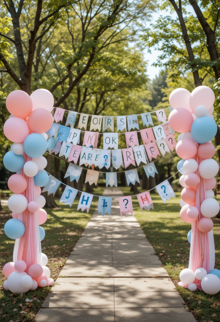 Colorful banners hang from trees in a park, revealing the gender of the baby. Ribbons flutter in the breeze, creating a festive atmosphere