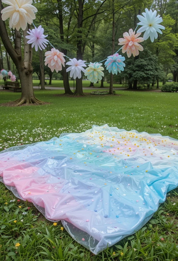 A colorful array of waterproof picnic blankets arranged in a grassy park, with gender reveal themed decorations scattered around
