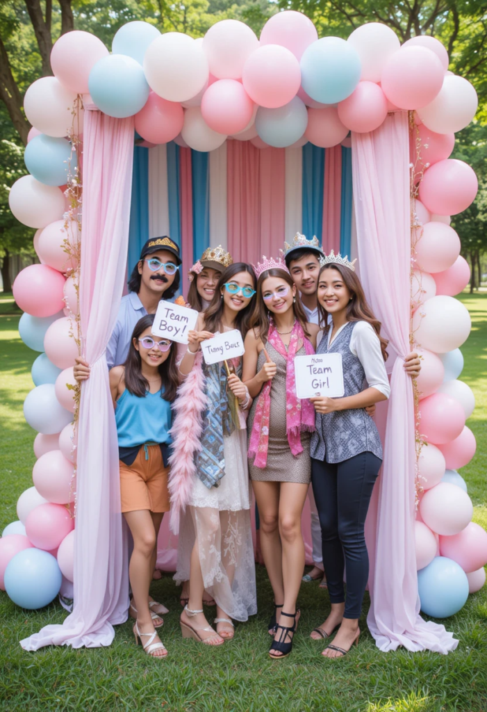 Colorful photo booth props scattered on a grassy picnic table in a park, including mustaches, bowties, and tiaras with blue and pink accents