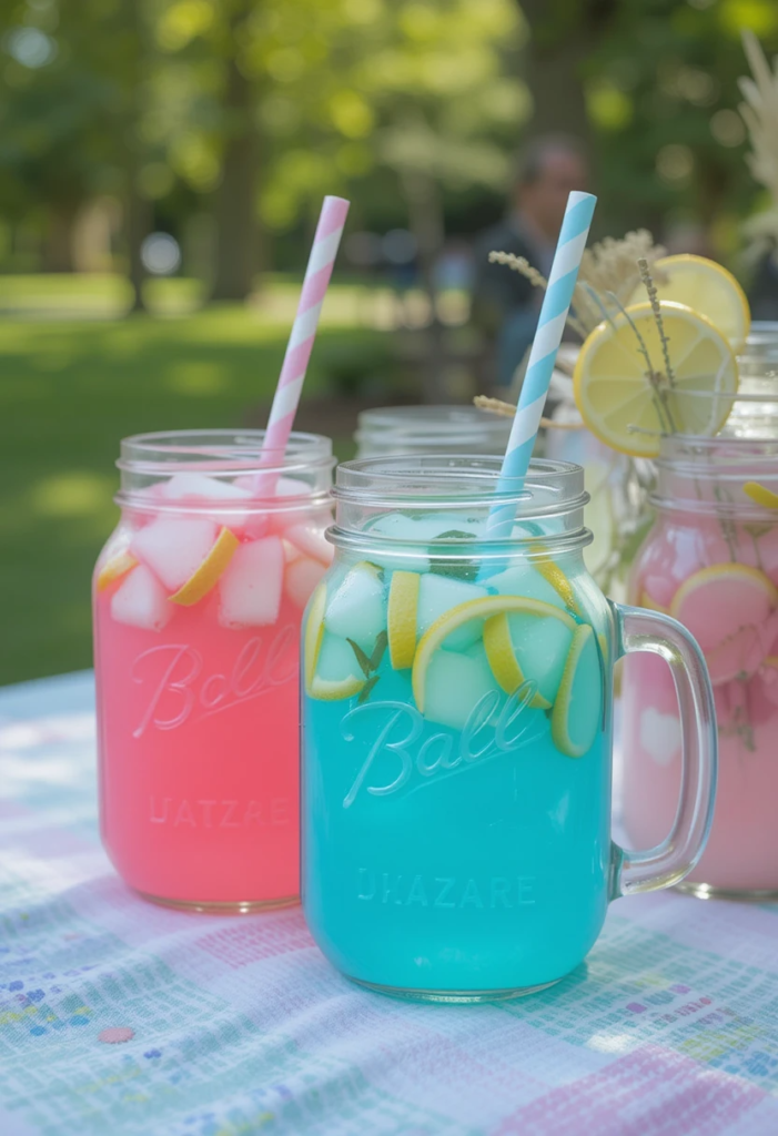 Mason jars filled with pink and blue lemonade arranged on a picnic table in a park, surrounded by colorful decorations for a gender reveal party