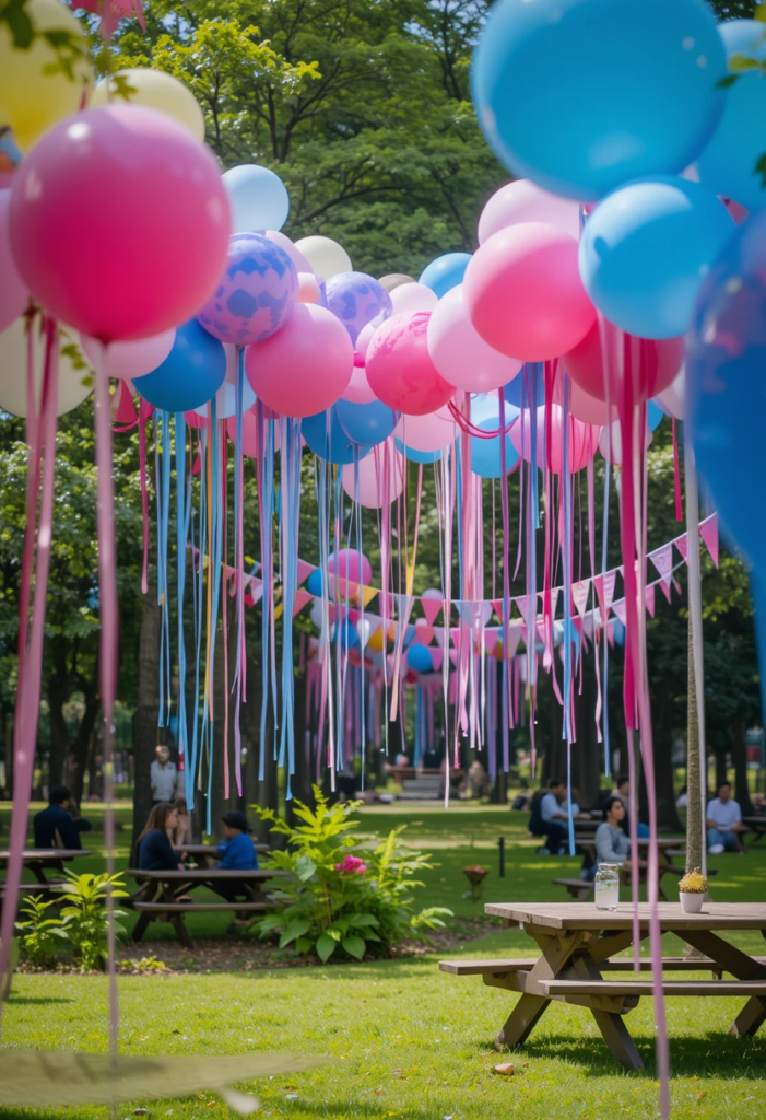 A park setting with colorful balloons, streamers, and banners in pink and blue, surrounded by greenery and picnic tables