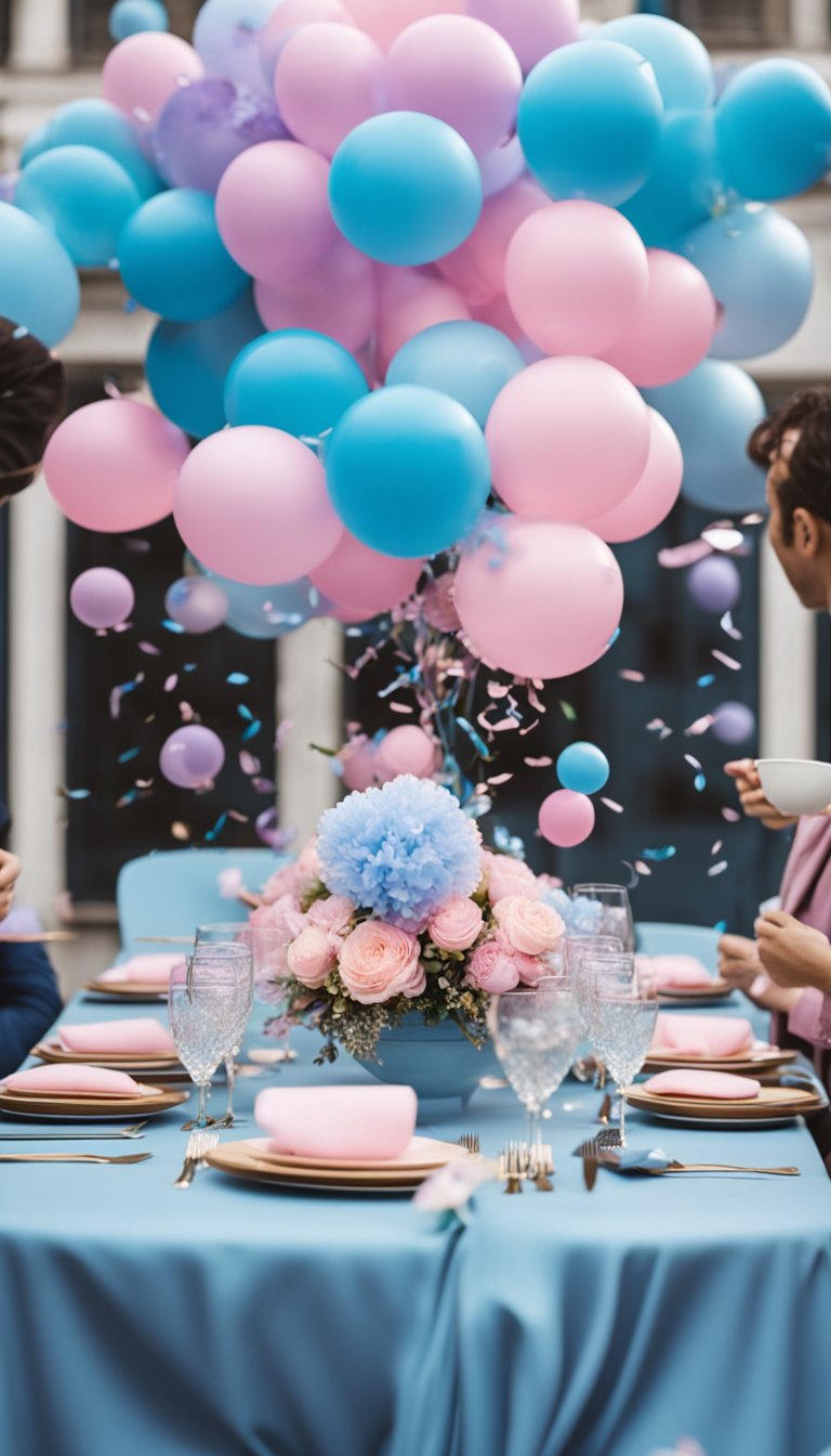 A table set with pink and blue decorations, surrounded by excited guests holding balloons and confetti, with a large box or balloon ready to reveal the gender
