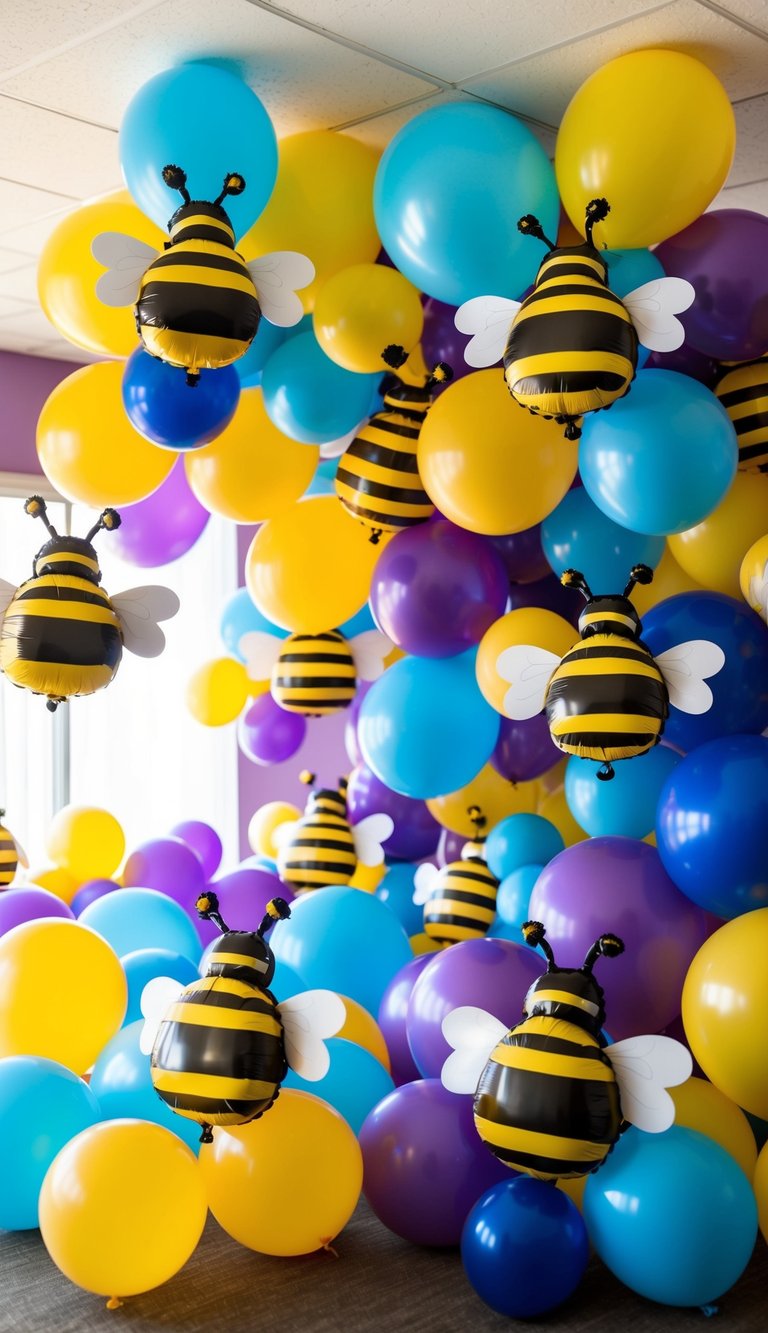A colorful array of bee-themed balloons and decorations fill the space, creating a cheerful and festive atmosphere for a gender reveal celebration
