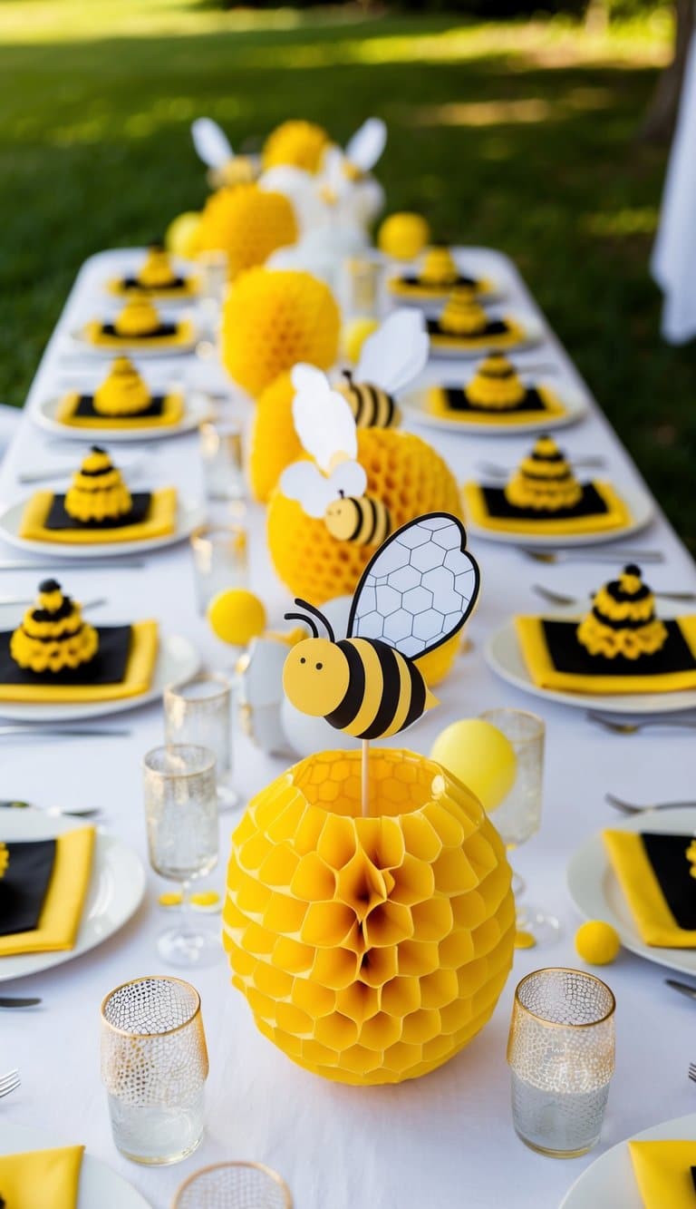 A table adorned with honeycomb centerpieces, bee-themed decorations, and yellow accents for a gender reveal celebration