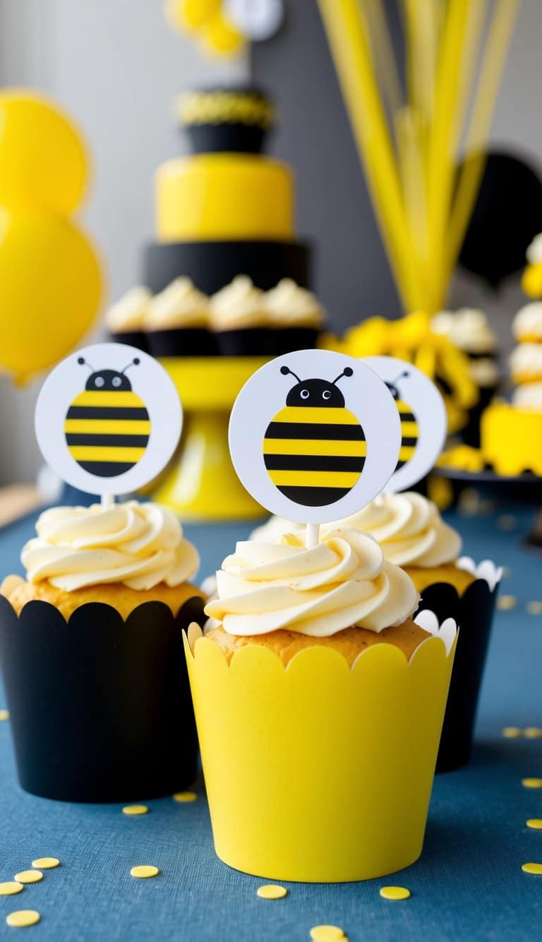 A table set with colorful bumblebee cupcake toppers, surrounded by yellow and black decorations for a gender reveal party