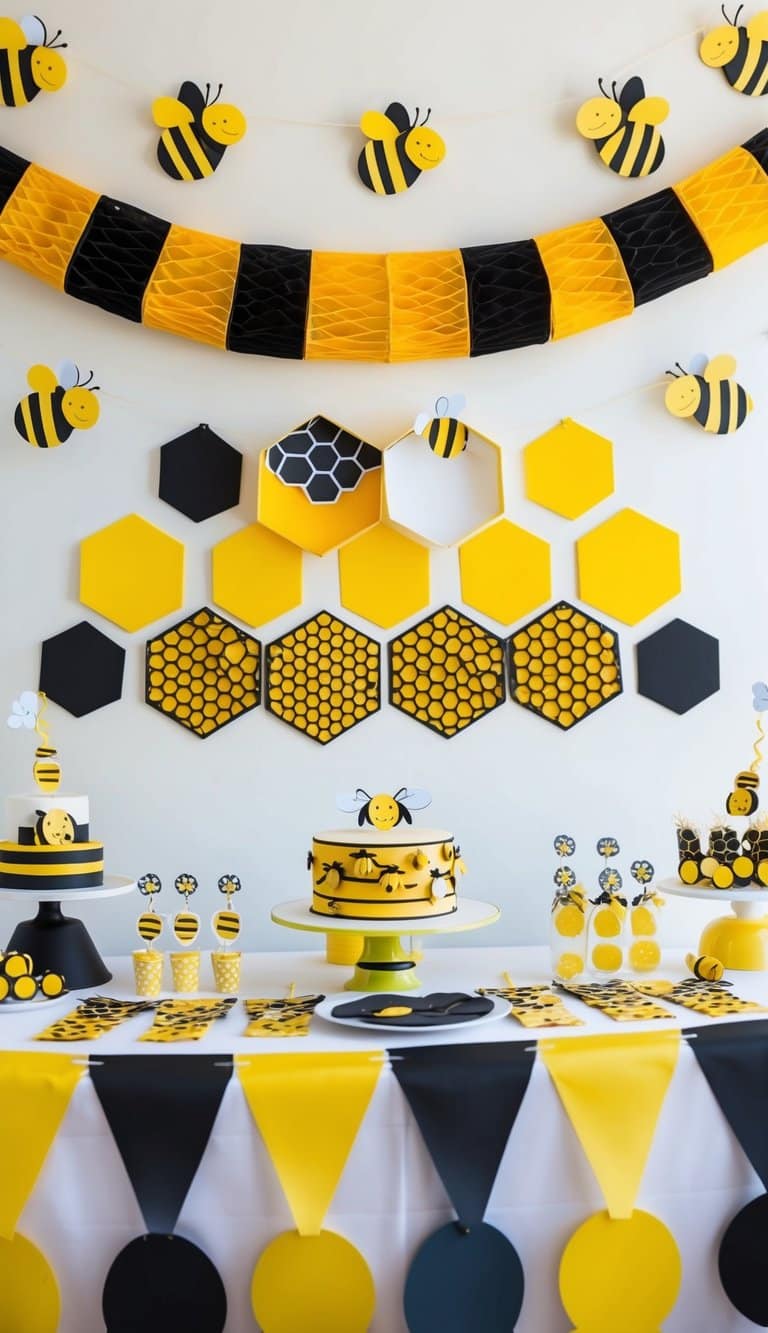 A colorful bee garland hangs above a table adorned with bee-themed decorations for a gender reveal party. Honeycomb and bee motifs are featured throughout the scene