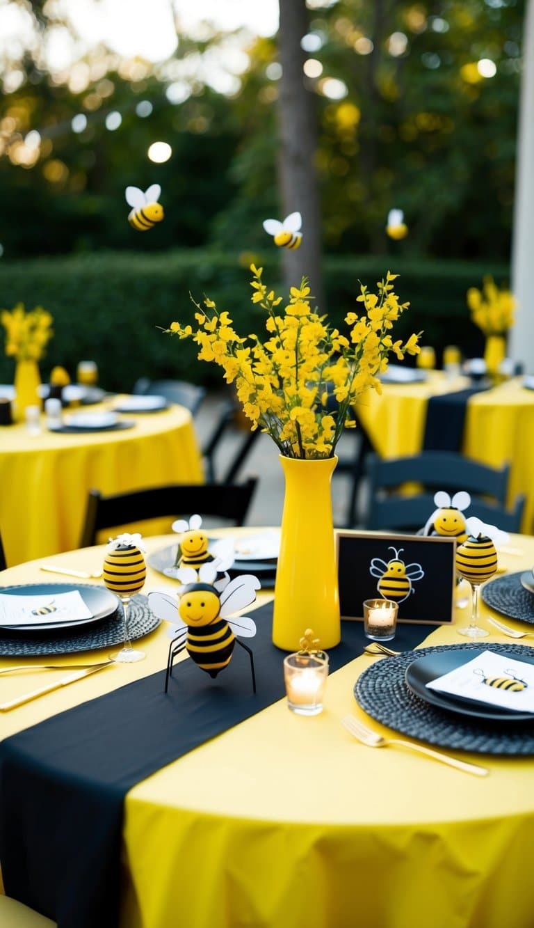 A yellow and black tablecloth with bee-themed decorations