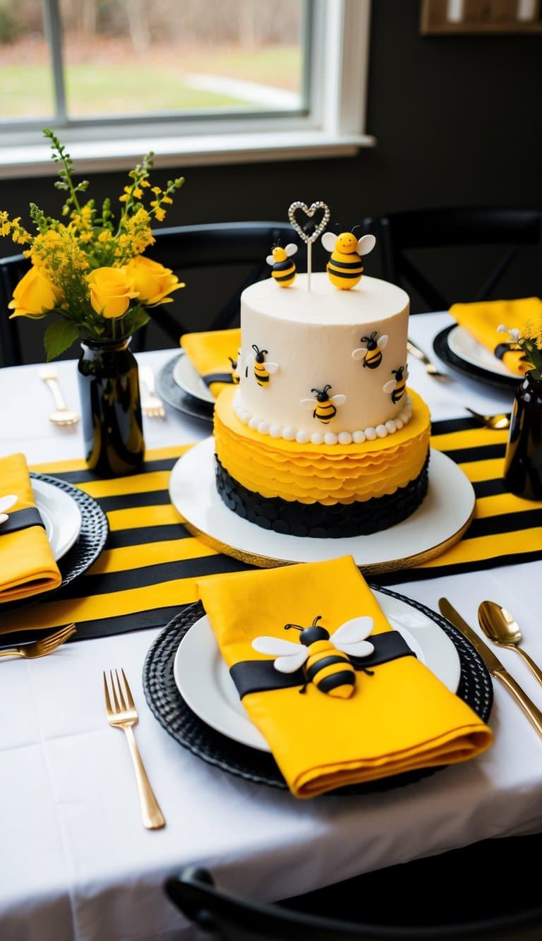 A table set with bee-themed napkin rings, yellow and black decor, and a gender reveal cake with bee decorations