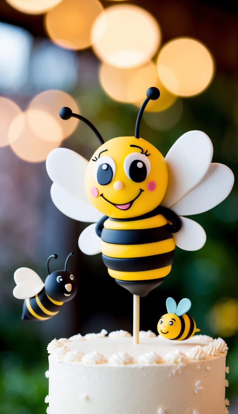 A bee-themed cake topper featuring a large, whimsical bee with outstretched wings and a small, buzzing bee hovering nearby