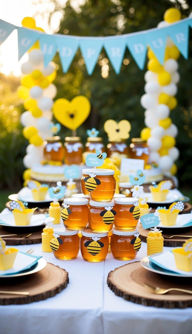 A table adorned with honey jars, bee-themed decorations, and party favors for a gender reveal celebration