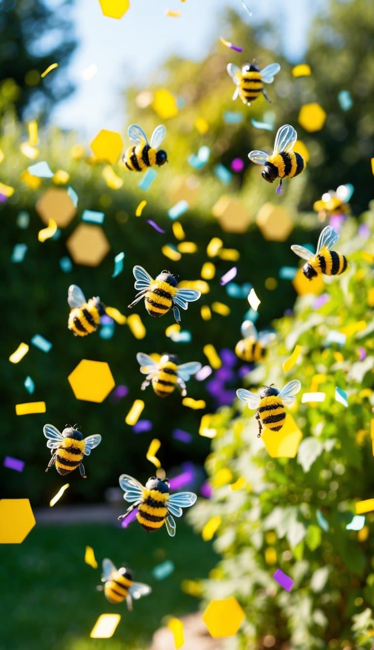 A colorful swarm of bumblebee-shaped confetti fluttering through a sunny garden, surrounded by honeycomb-patterned decorations