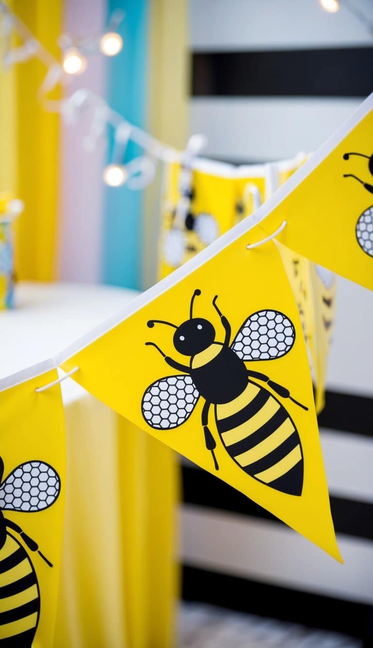 Colorful bee-themed bunting hanging above a gender reveal party, with yellow and black stripes and honeycomb patterns