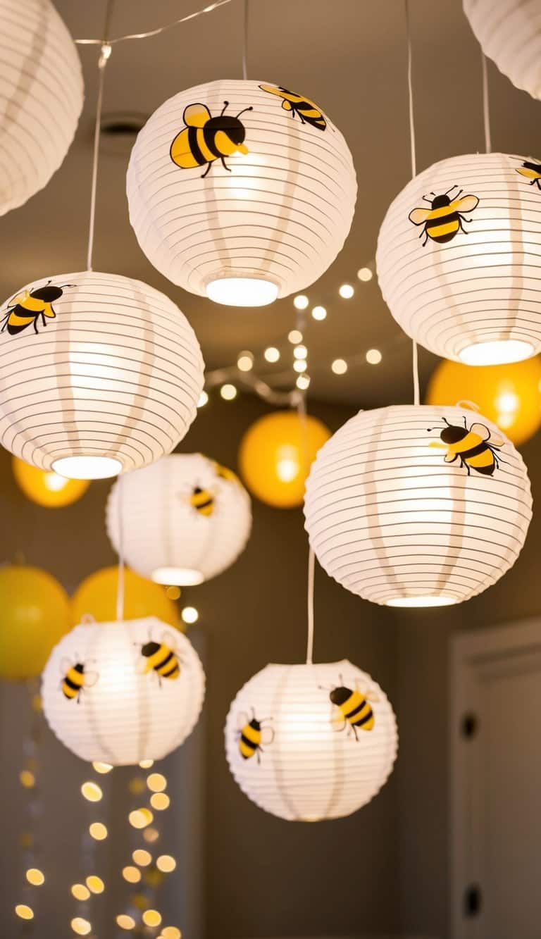 A group of bee honeycomb paper lanterns hanging from the ceiling, creating a whimsical and festive atmosphere for a gender reveal party