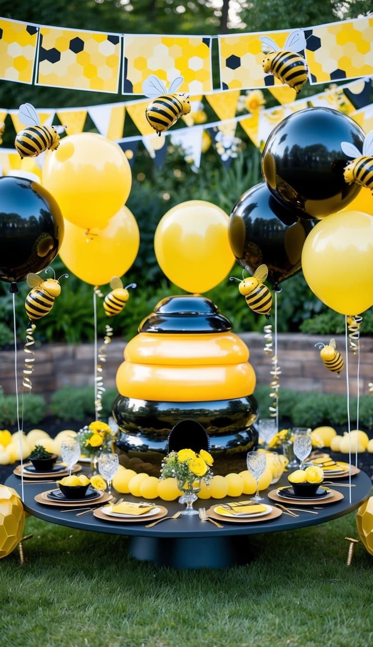 A whimsical garden setting with honeycomb-patterned banners, bee-shaped balloons, and a large beehive centerpiece surrounded by yellow and black decor