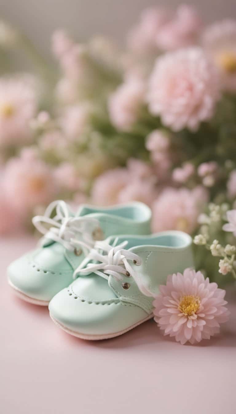 A pair of tiny baby shoes surrounded by delicate flowers and a soft, pastel-colored background