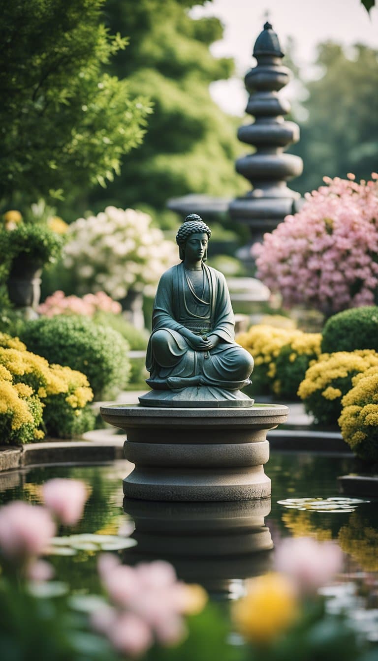 A serene garden with blooming flowers, a small memorial statue, and a peaceful pond surrounded by loved ones