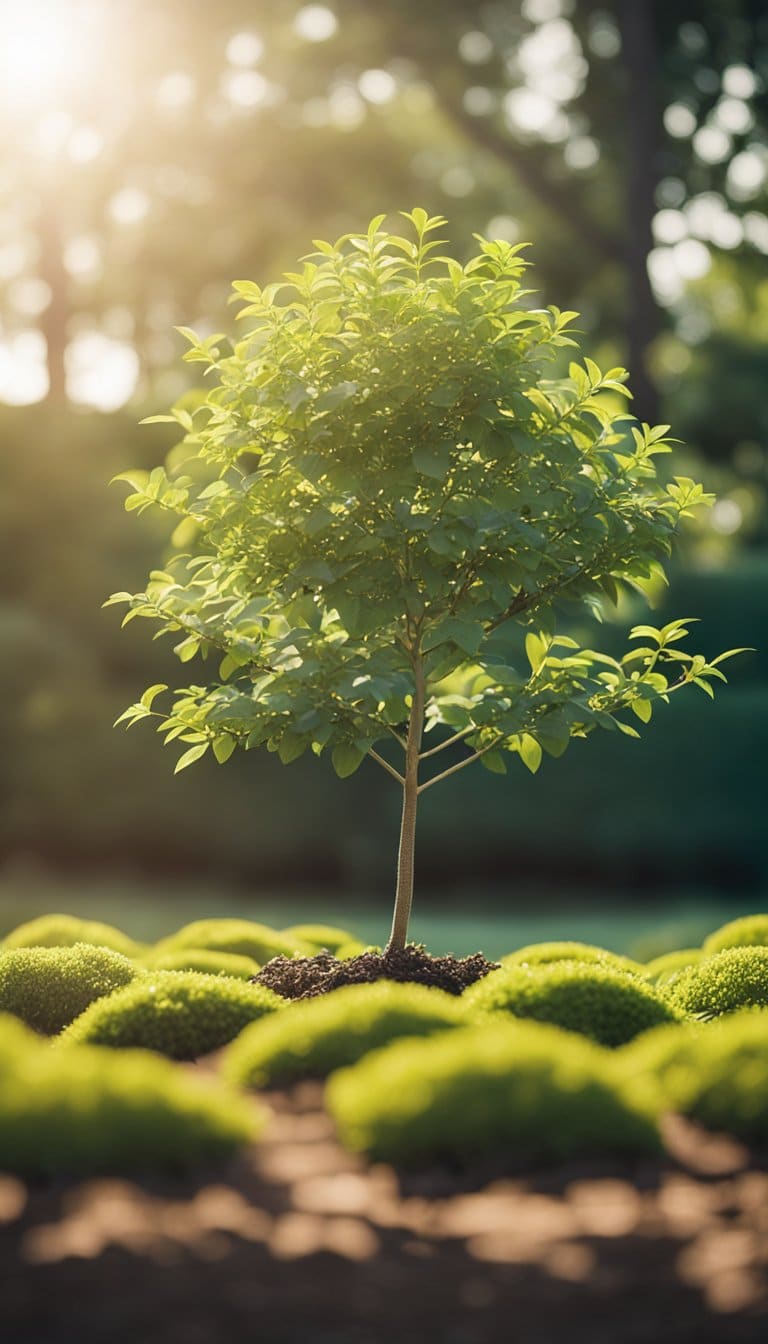 A small tree being planted in a peaceful garden setting, with a sense of hope and renewal in the air