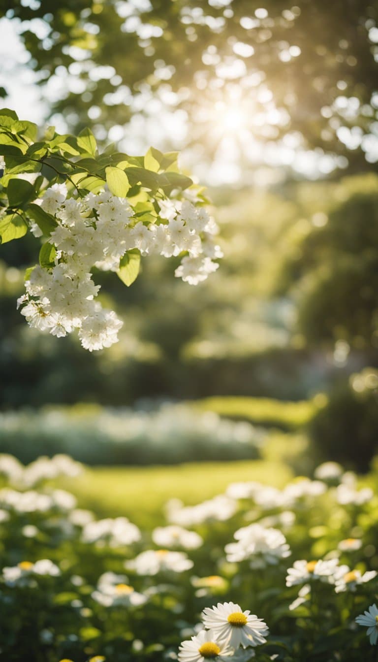 A peaceful garden with a tree and flowers, a soft breeze, and a gentle sunlight filtering through the leaves
