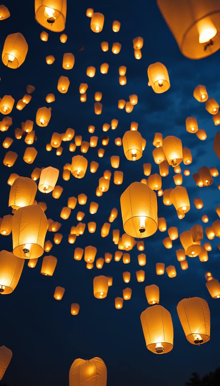 A group of sky lanterns floating into the night sky, symbolizing hope and new beginnings for grieving parents