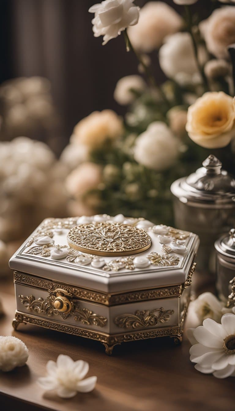 A small, ornate keepsake box sits on a table. Surrounding it are delicate baby items and flowers, creating a tender and hopeful atmosphere