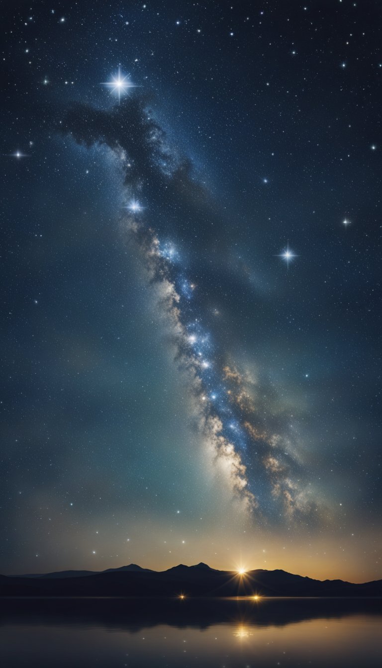 A serene night sky with a shining star surrounded by celestial elements