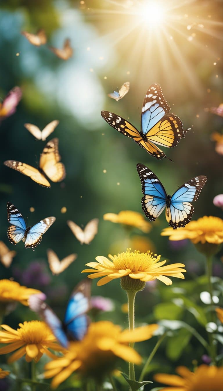 A garden filled with colorful butterflies being released into the air, surrounded by delicate flowers and soft sunlight