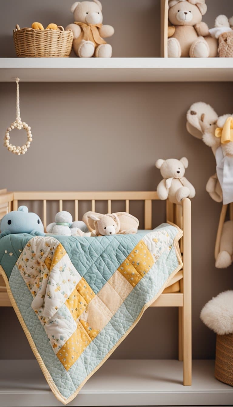 A cozy nursery with a handmade quilt hanging on the wall, surrounded by soft toys and baby items. A sense of warmth and love fills the room