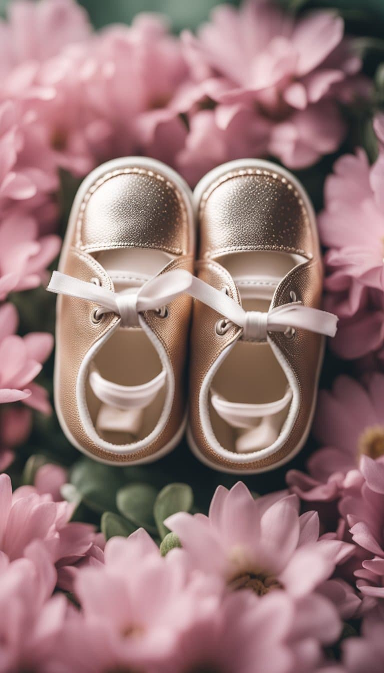 A pair of small baby shoes placed on a bed of flowers, surrounded by soft, comforting colors and gentle lighting