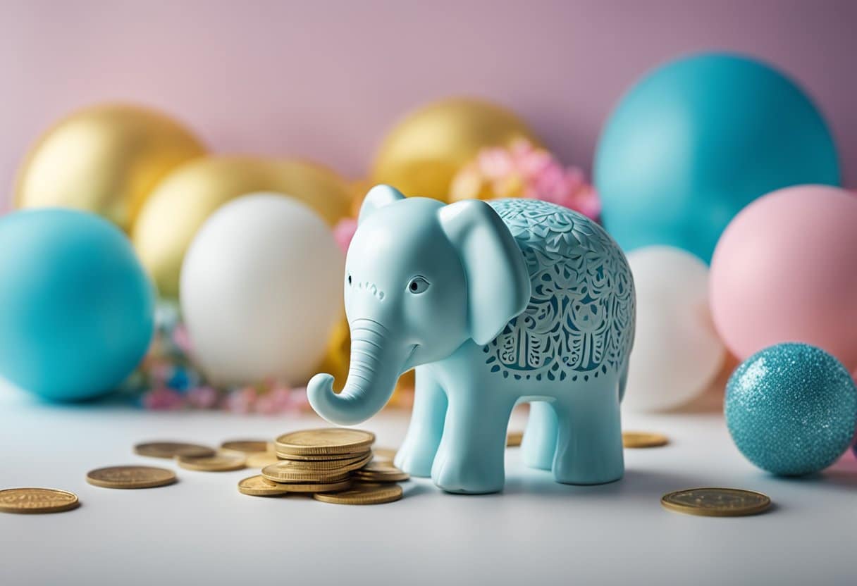 An elephant ceramic coin bank surrounded by gender reveal decorations