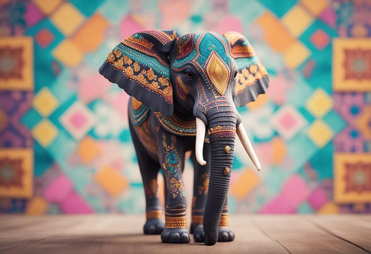 An elephant with vibrant colors and patterns stands against a soft, pastel background, surrounded by whimsical decorations and symbols of both genders