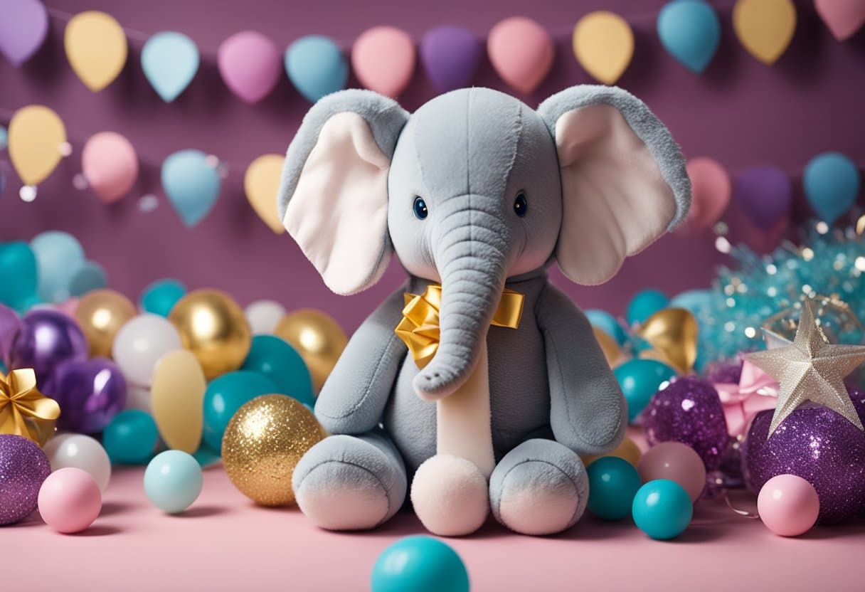 A baby elephant plush toy surrounded by creative elephant decorations for a gender reveal party