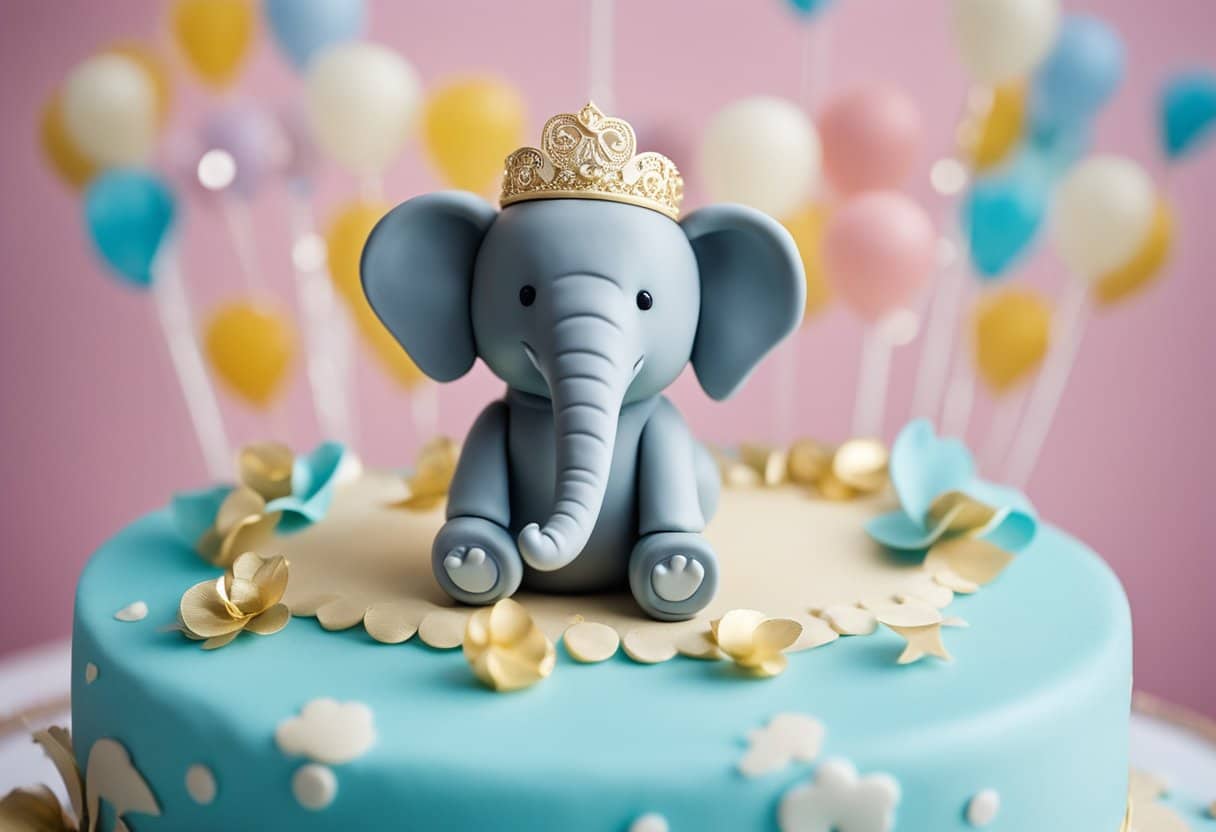 An elephant-themed cake topper surrounded by creative elephant decorations for a gender reveal celebration