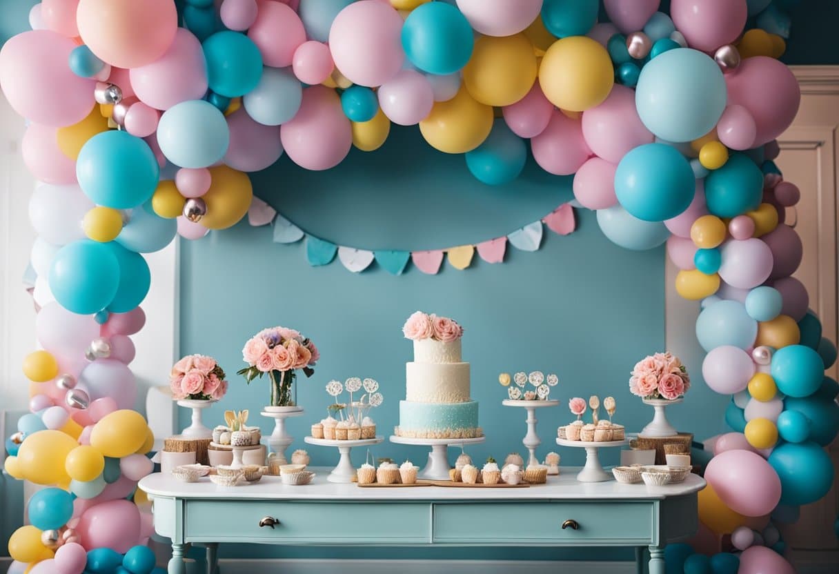 An elephant-shaped balloon garland hangs above a gender reveal party, surrounded by creative elephant decorations