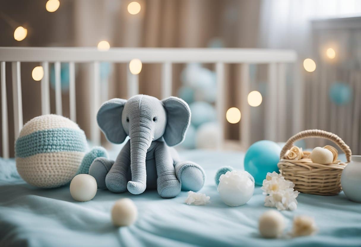 An adorable nursery scene with a cozy elephant print blanket draped over a crib, surrounded by creative elephant decorations for a gender reveal celebration