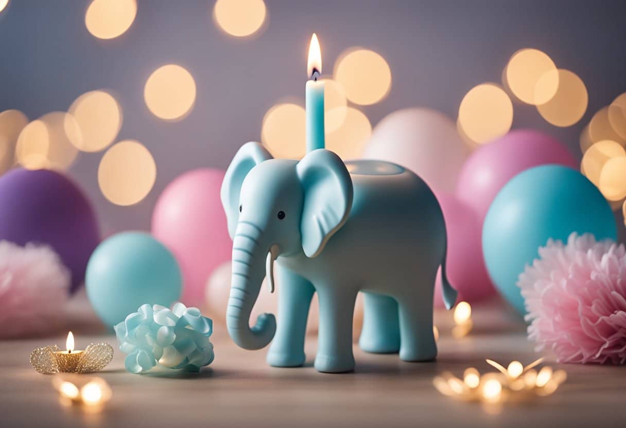 An elephant-shaped candle surrounded by gender reveal decorations