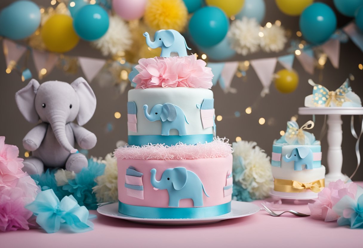 An elephant-themed diaper cake surrounded by creative decorations for a gender reveal party