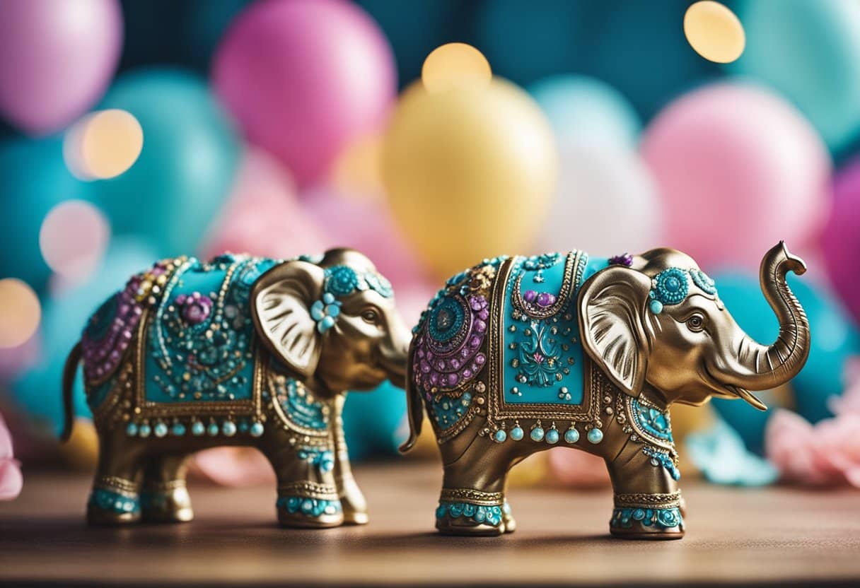 A group of colorful, ornate elephant decorations adorning a gender reveal celebration, symbolizing strength and wisdom