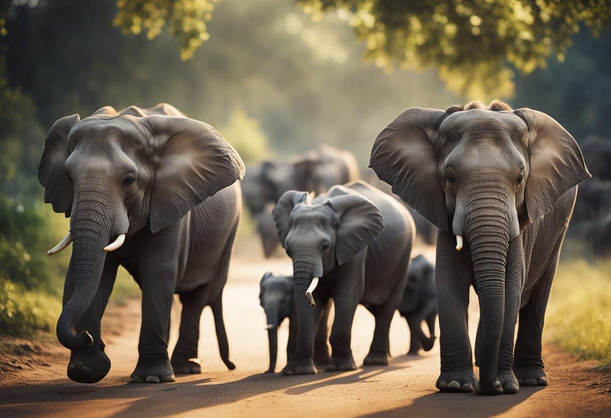 A joyful elephant family parading through a