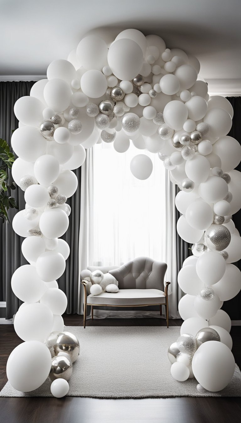 A white balloon arch frames a stylish gender reveal with 15 white decorations