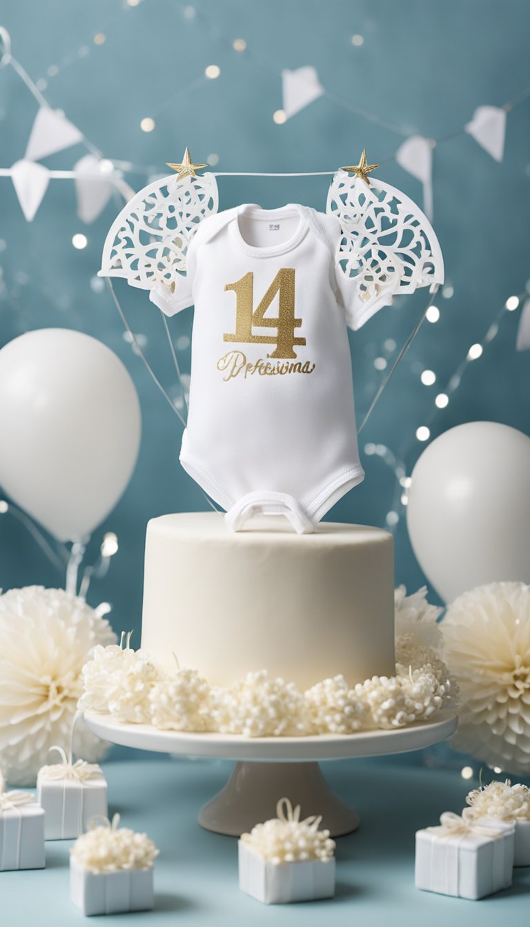 A white baby onesie cake topper surrounded by 15 white decorations for a stylish gender reveal