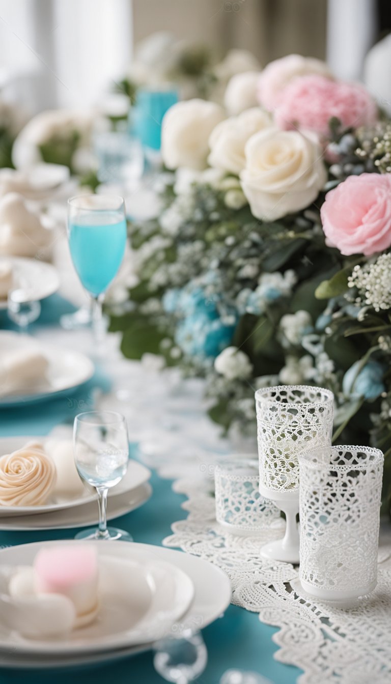 A white lace table runner adorned with stylish gender reveal decorations