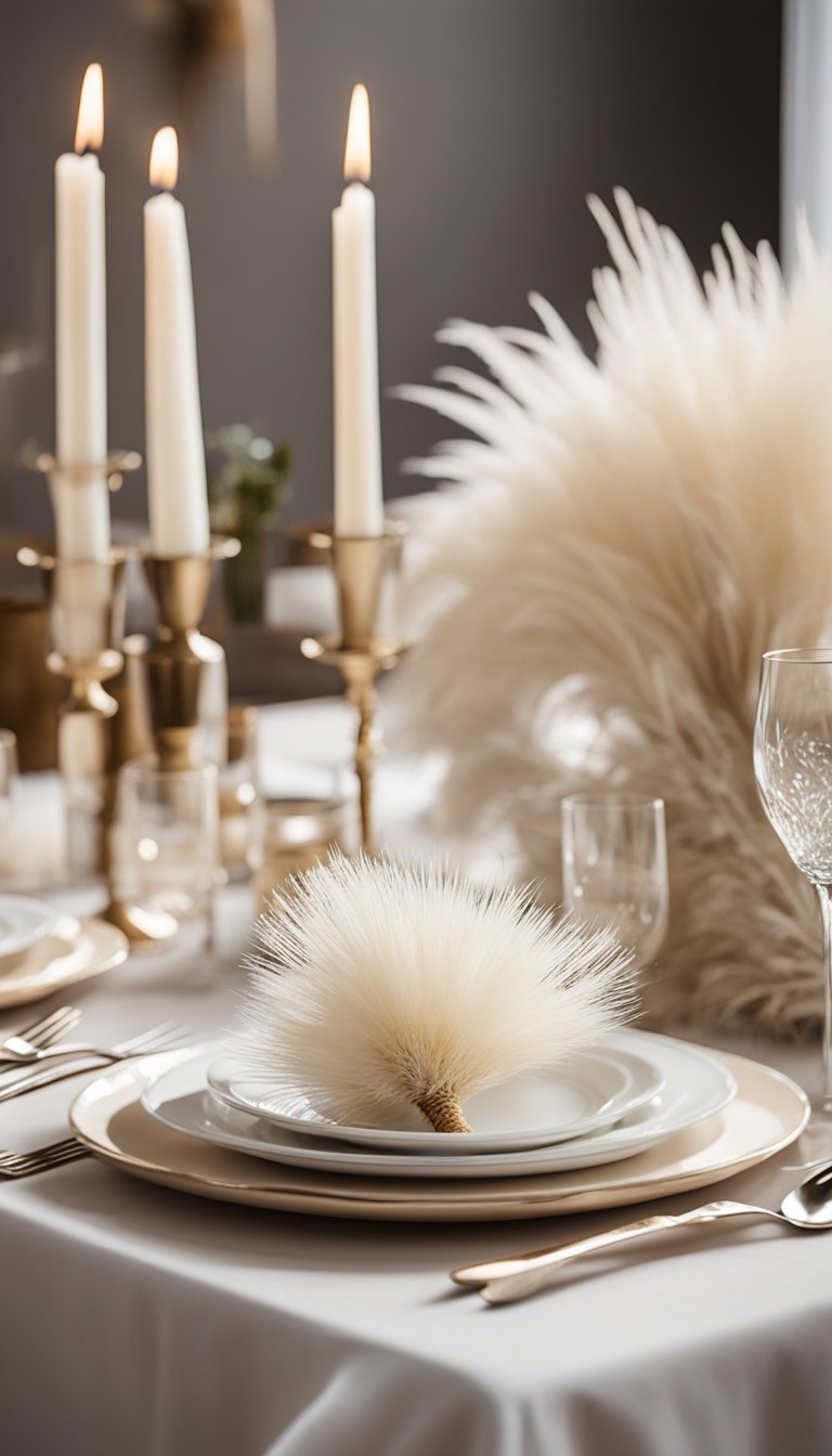 A table set with ivory pampas grass centerpieces and white decor for a stylish gender reveal