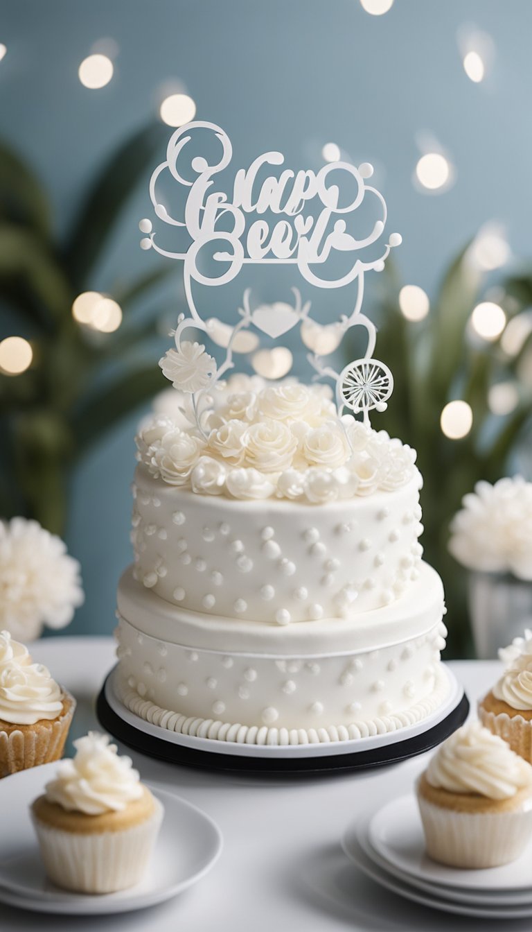 A white acrylic cake topper surrounded by 15 stylish white decorations for a gender reveal celebration