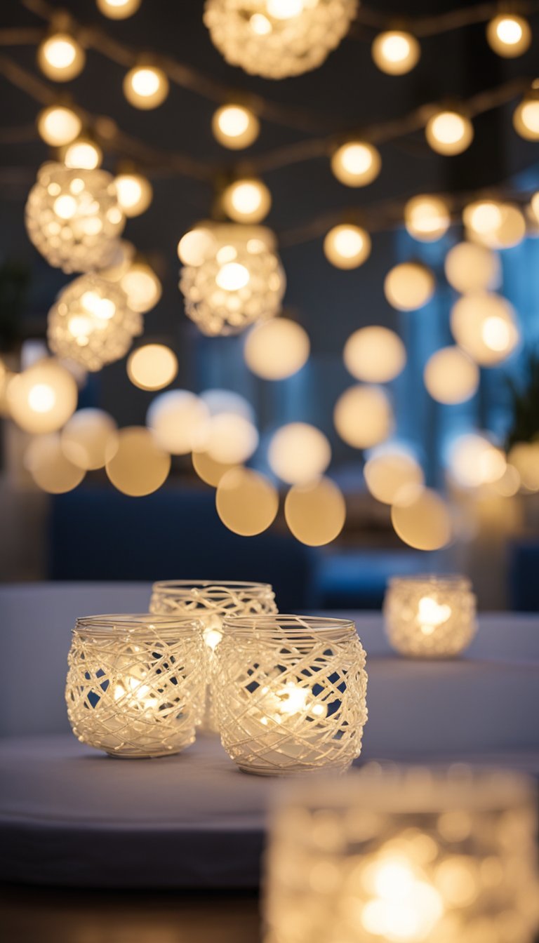 A string of white LED lights draped over a stylish gender reveal party setup, illuminating the decorations and creating a warm and inviting atmosphere